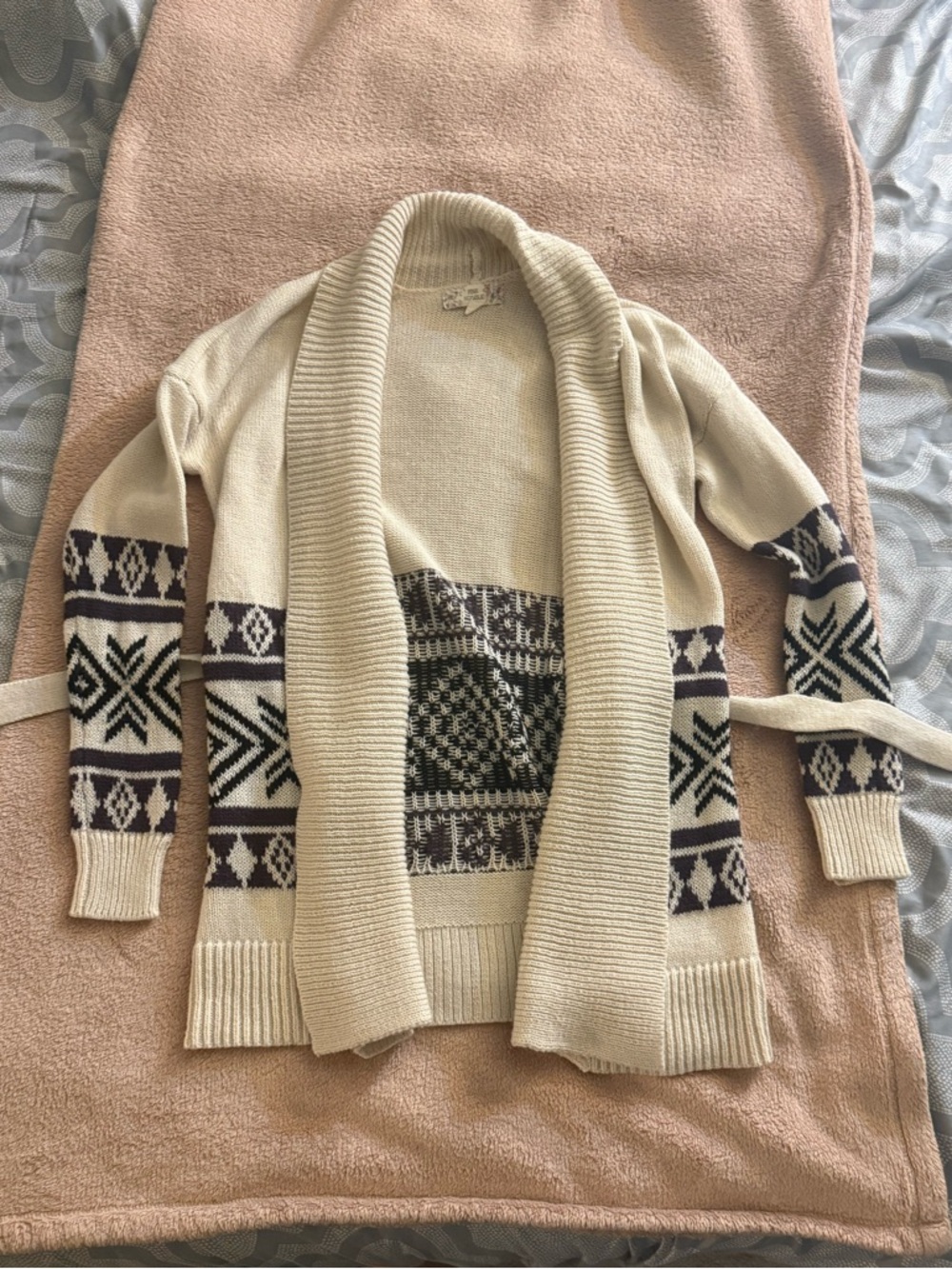 Pink Republic Cream Open-Front Shawl Cardigan with Black Pattern